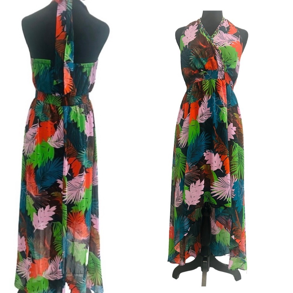 Boho‎ Tropical Palm Print High Low Maxi Dress Resort Bellatrix Size: M